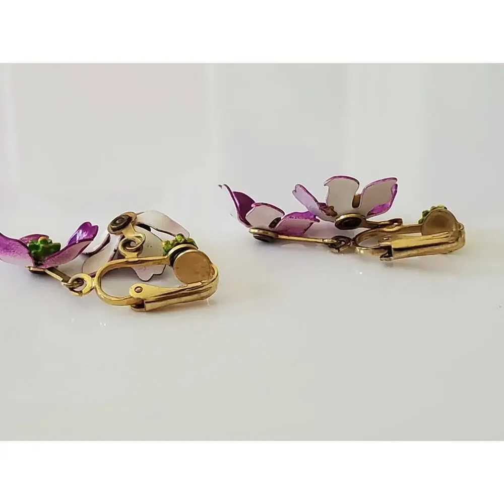 Vintage Mid-Century Purple Metal Flower Clip On Earrings